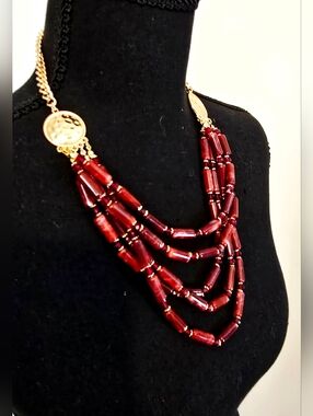 Dark Red Statement Necklace Set Gold Tone Beaded Layered Boho Earrings Set